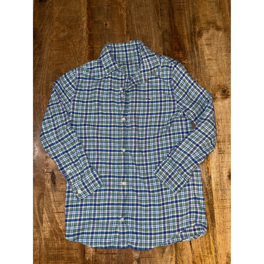 Vineyard Vines Boys Blue Green Plaid Flannel Button Down Shirt Size S 8-10